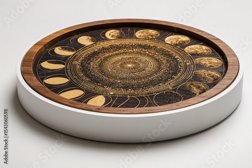 A photorealistic wooden moon phase tray with polished cedar