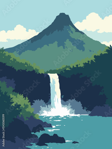 Saint Vincent and the Grenadines - La Soufrière Volcano, Dark View Falls, Bequia Island in volcano black, waterfall white, island green, and sky blue