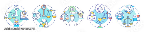 Illustrative icons representing ethical behavior values and justice in different situations