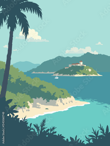 Virgin Islands - Trunk Bay, Blackbeard’s Castle, St Thomas Synagogue in bay turquoise, castle stone, synagogue white, and palm green