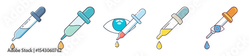 A collection of eye droppers with different liquids and eye contact