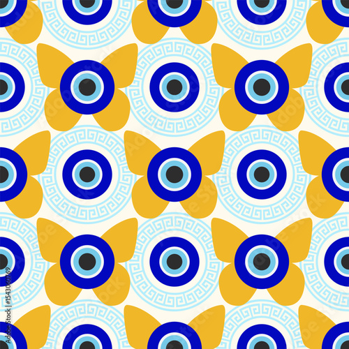 Evil eye seamless pattern. Turkish blue bead with meander. Greek vector magic background with ethnic nazar symbol of protection and luck. Traditional ornament with energy amulet and spiritual talisman