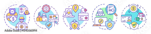Set of conceptual icons representing online safety and security, fraud protection