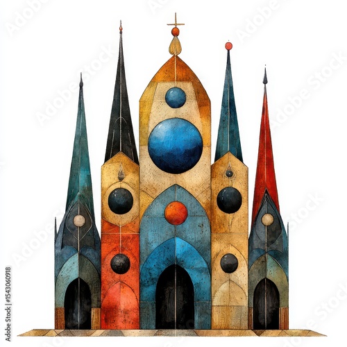 Abstract Colorful Cathedral Watercolor Painting with Geometric Spired Design
