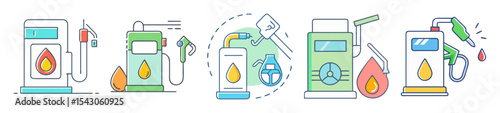 Conceptual illustration of different petrol or gas station pumping devices with flames