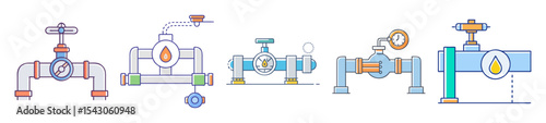 Conceptual illustration showcasing various industrial pipe and valve systems in different designs