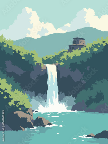 Micronesia, Fed St - Nan Madol, Pohnpei Falls, Yapese Stone Money Village in ruin grey, waterfall white, bay teal, and ash green