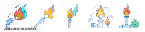 Vector illustrations of industrial gas flares emitting flames and burning natural resources