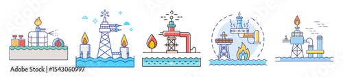 Collection of Oil and Gas Drilling Platforms and Gas Flare Icons Set
