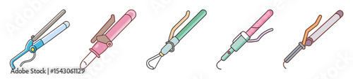 Various colorful cartoon curling irons arranged in a row on a white background