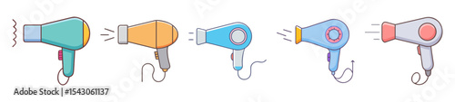 Stylized Cartoon Illustration of Five Colorful Hair Dryers in a Row