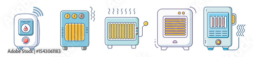 Diverse Collection of Cartoonish Electric Heaters in Blue, Yellow and White