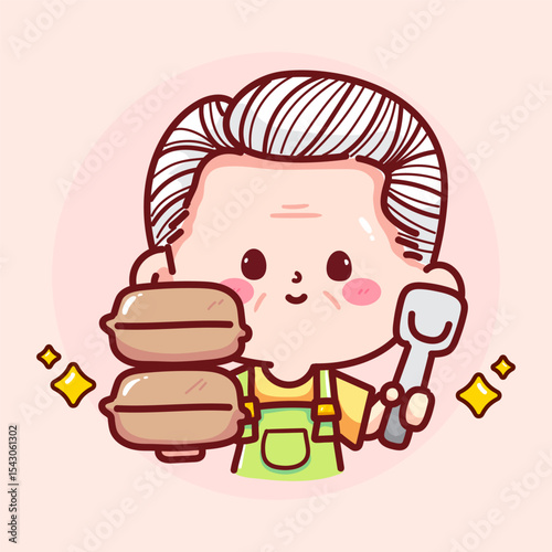 Grandpa holding lunch boxes and spatula cartoon vector illustration