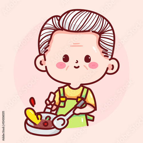 Grandpa cooking in pan cartoon vector illustration