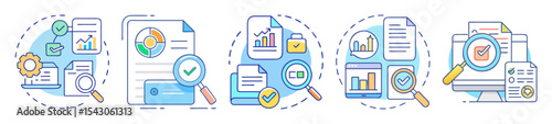 Data Analysis and Verification Process Visualization with Magnifying Glass and Check Marks
