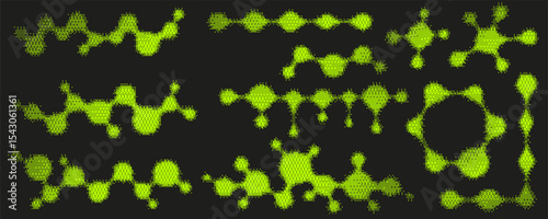 Pixel pattern molecule neon shapes. Textured cosmic elements with bitmap Y2k dither gradient. Retro vector icon with old computer game graphic effect. Halftone grunge illustration