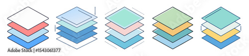 Colorful stacked square layers arranged to show different perspectives and color schemes