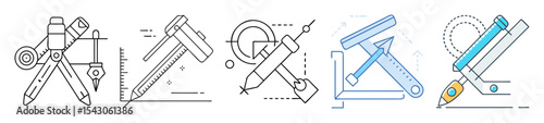 Technical drawing tools and instrument icons set, professional engineering design items