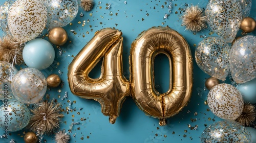 Golden Ornate Balloon Sign Marks 40th Birthday Celebration with Festive Balloons and Confetti photo