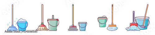 Collection of illustrated cleaning tools arranged in a row on white backdrop