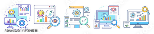 Visual representations of data analysis and business intelligence, illustrated with colorful icons