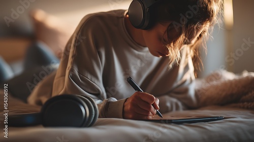 Teen writing video script on digital tablet with stylus, casual posture on bed or sofa, headphones nearby, creative planning moment, cinematic soft light, ultra-realistic, no watermark, no text 