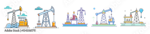 Oil drilling and extraction icons illustrating resource mining and energy production