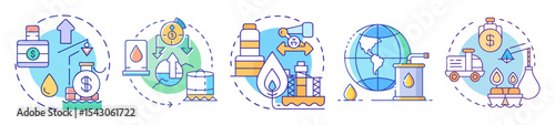Illustrations Depicting Oil Industry Processes and Economic Aspects with Circular Borders