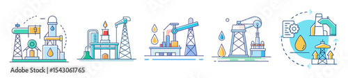 Vector illustration of Oil and Gas Industry infrastructure with vibrant colors and outline
