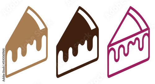 cake slice icons in light brown, dark brown, and magenta with dripping icing, dessert variety concept