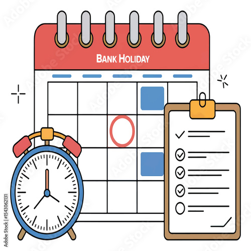 calendar illustration featuring bank holiday reminder, alarm clock, and checklist for planning, scheduling, and time management