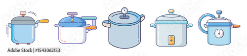Illustration of a Variety of Cartoon Pressure Cookers with Different Designs