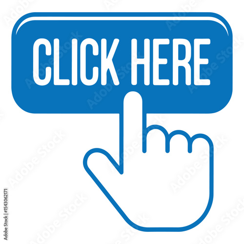 call-to-action button with click here text and pointing hand icon, representing user interface, interaction, and web design