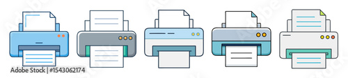 Diverse collection of cartoon printers featuring various colors and paper outputs