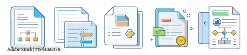 Illustrative set of business documents representing various business diagrams and data