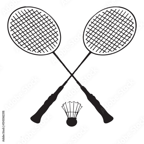 minimalist black and white illustration of crossed badminton rackets with shuttlecock, symbolizing sport and recreation