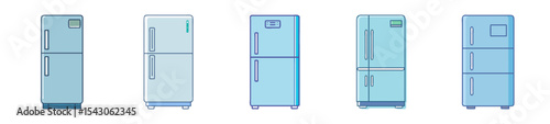 Stylized array of modern refrigerators in various shades of blue color