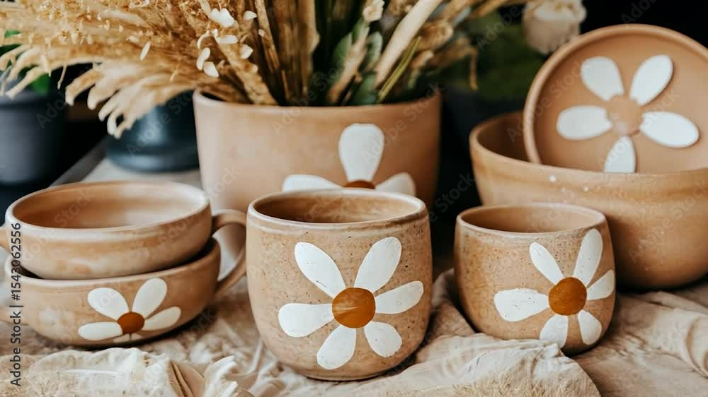 Earthenware pottery collection featuring daisy motifs, nested bowls and planters, displayed on a neutral fabric background with dried floral accents