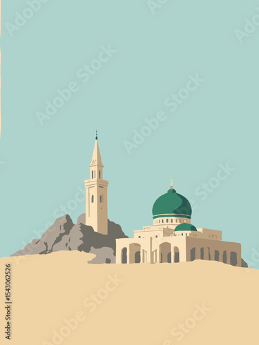 Nigeria - Zuma Rock, National Mosque, Aso Rock in sand beige, mosque green, rock grey, and sky blue