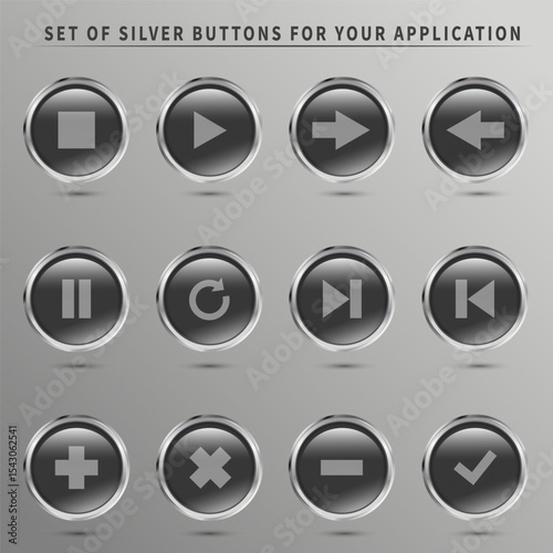 Collection of volume buttons in black with the effect of convex glass, in a metal frame. EPS file. Vector file. For app
