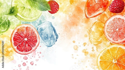 Watercolor illustration of sliced grapefruit, orange, lime with raspberries, mint leaves and ice cubes on colorful background, suggestive of refreshing summer drinks or healthy food concepts
