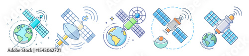 Vector Illustration Collection of Satellite Designs Orbiting the Earth for Communication