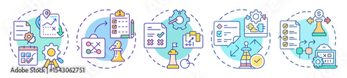 Strategic planning and business process concepts with chess pieces and checklists, light teal color