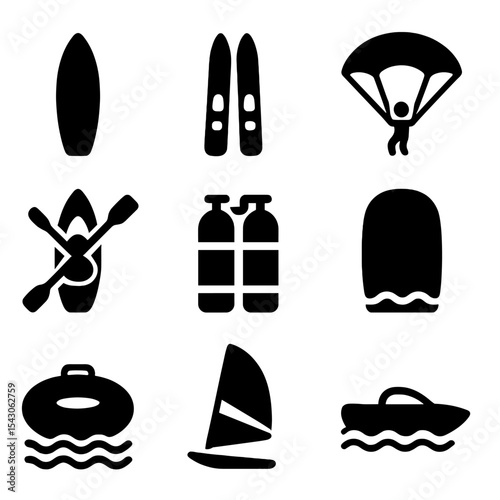 Water Sports Icons. Solid style icons of water sports: surfboard, water skis, parasail icon, kayak, diving tank, bodyboard, water