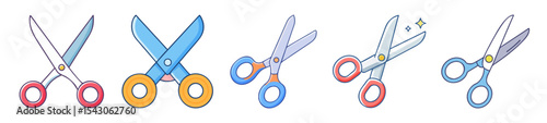 Colorful cartoon scissors set on white background in various designs and angles
