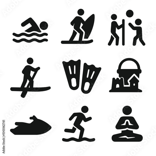 Beach Activity Icons. Solid style icons of beach activities: swimming icon, surfing board, beach volleyball, paddle boarding,