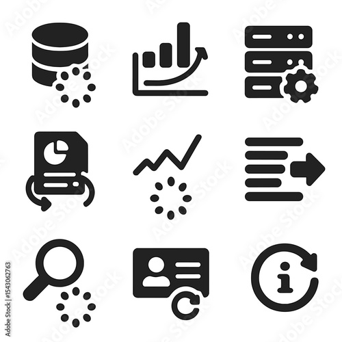 Data Loading Icons. Solid style icons of data loading visuals: database spinner, analytics loading, data processing icon, report