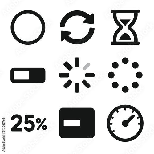 Loading Icon Collection. Solid style icons of loading indicators: spinning circle, rotating arrows, hourglass, progress bar,