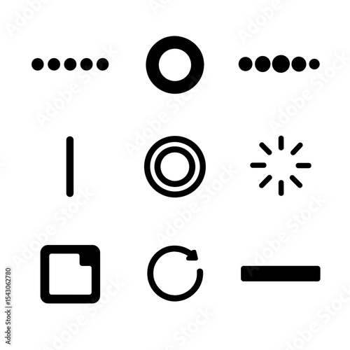 Minimalist Loader Icons. Solid style icons of minimalist mobile loaders: dot wave, center ring, fade pulse, line flash, slow glow,