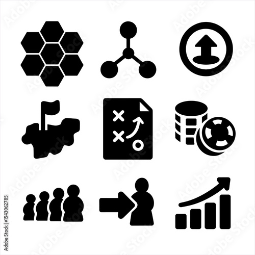 Strategy Game Icons. Solid style icons of strategy games: hex grid, route map, economy icon, influence marker, territory icon,